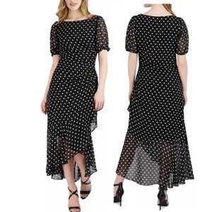Julia Jordan Polka Dot Maxi Dress | Size 2 | Ruffle Hem | Puff Sleeve | Sheer Ov